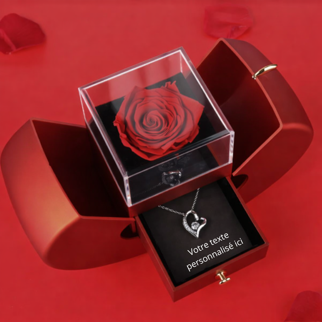 Coffret Rose Éternelle en Pomme – Message personnalisé & Collier
