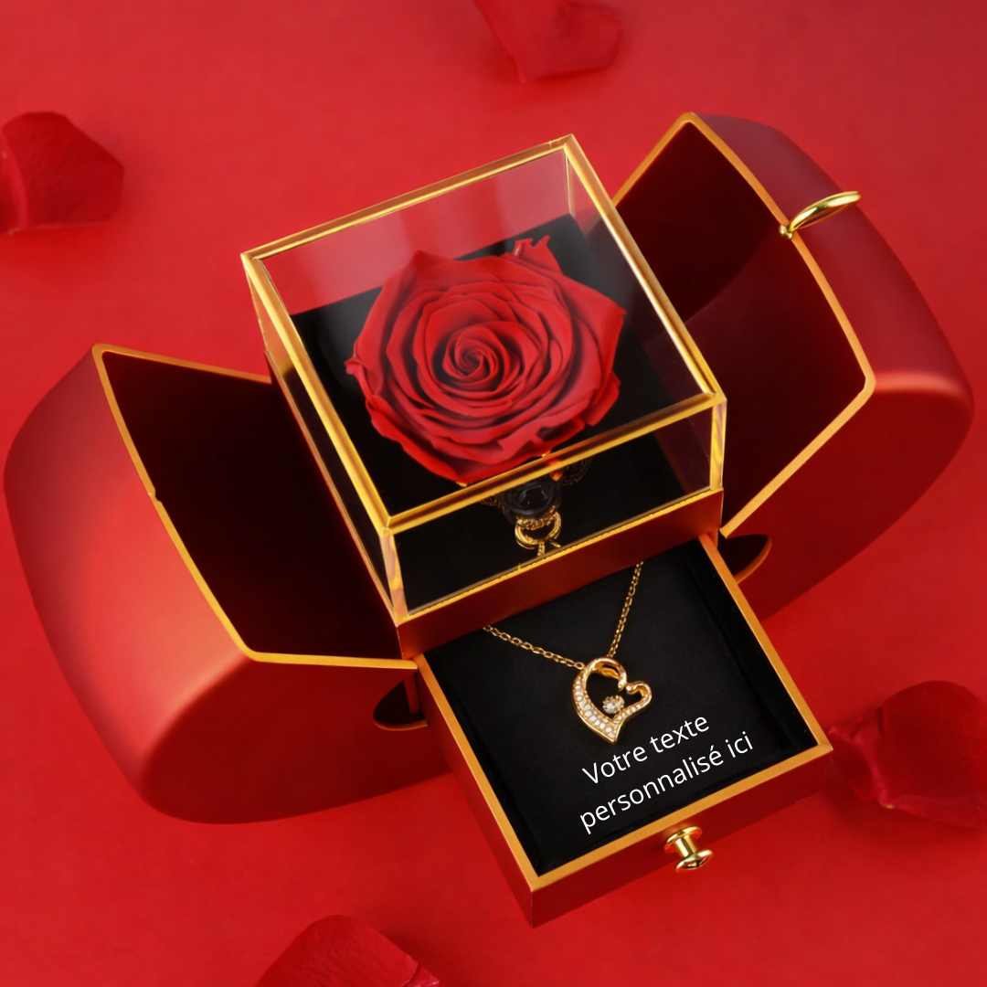 Coffret Rose Éternelle en Pomme – Message personnalisé & Collier