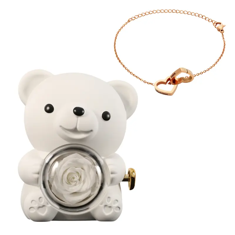 Ours en Rose Éternelle avec Bracelet Gravé – Coffret Décoratif