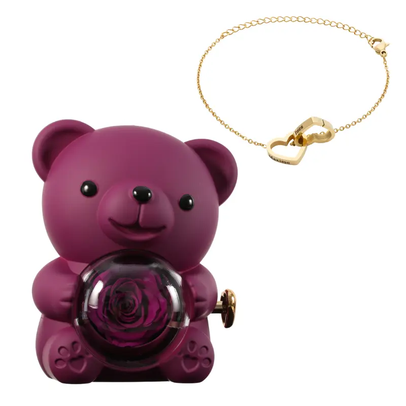 Ours en Rose Éternelle avec Bracelet Gravé – Coffret Décoratif