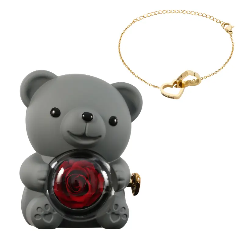Ours en Rose Éternelle avec Bracelet Gravé – Coffret Décoratif