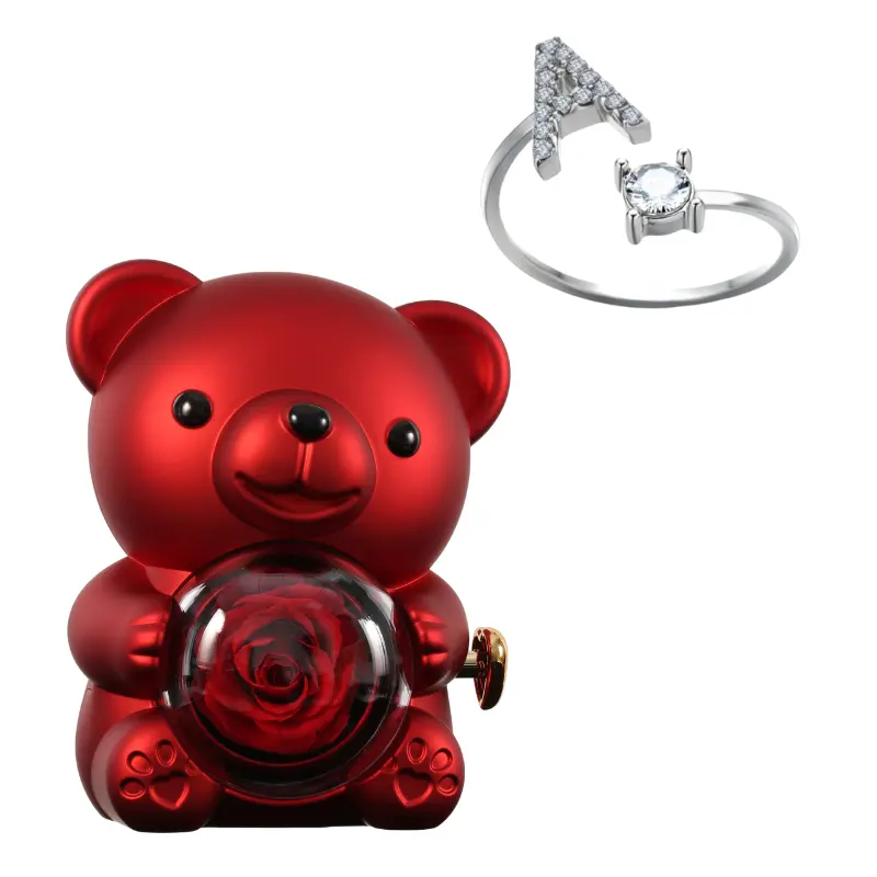 Ours en Rose Éternelle avec Bague Initiale – Coffret Décoratif