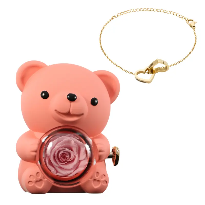 Ours en Rose Éternelle avec Bracelet Gravé – Coffret Décoratif