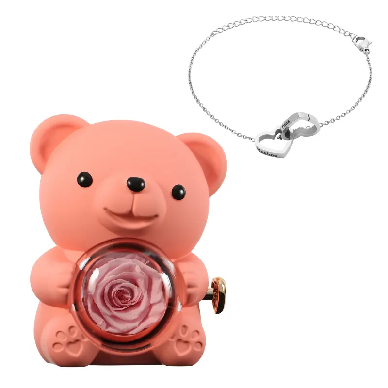 Ours en Rose Éternelle avec Bracelet Gravé – Coffret Décoratif