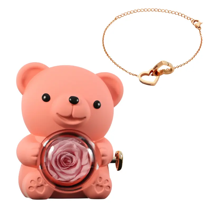 Ours en Rose Éternelle avec Bracelet Gravé – Coffret Décoratif