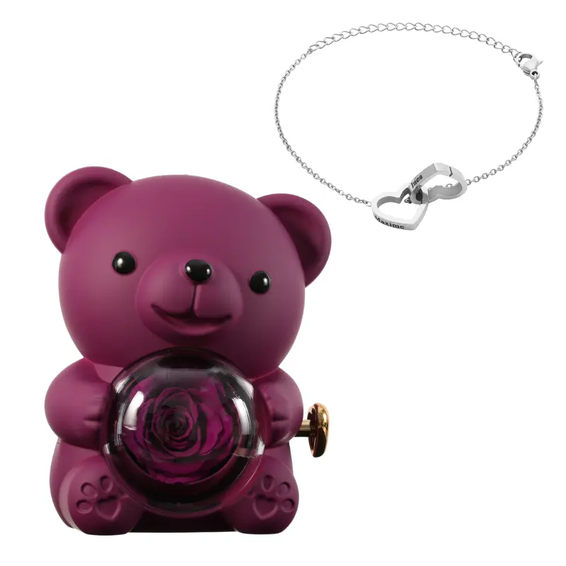 Ours en Rose Éternelle avec Bracelet Gravé – Coffret Décoratif