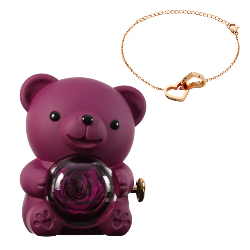 Ours en Rose Éternelle avec Bracelet Gravé – Coffret Décoratif