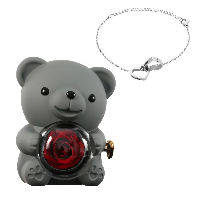 Ours en Rose Éternelle avec Bracelet Gravé – Coffret Décoratif