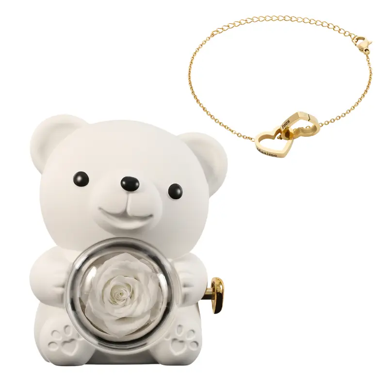 Ours en Rose Éternelle avec Bracelet Gravé – Coffret Décoratif