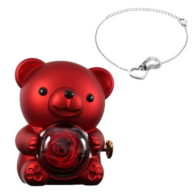 Ours en Rose Éternelle avec Bracelet Gravé – Coffret Décoratif