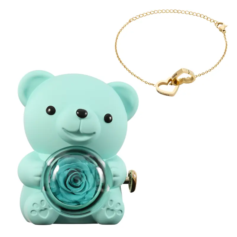 Ours en Rose Éternelle avec Bracelet Gravé – Coffret Décoratif