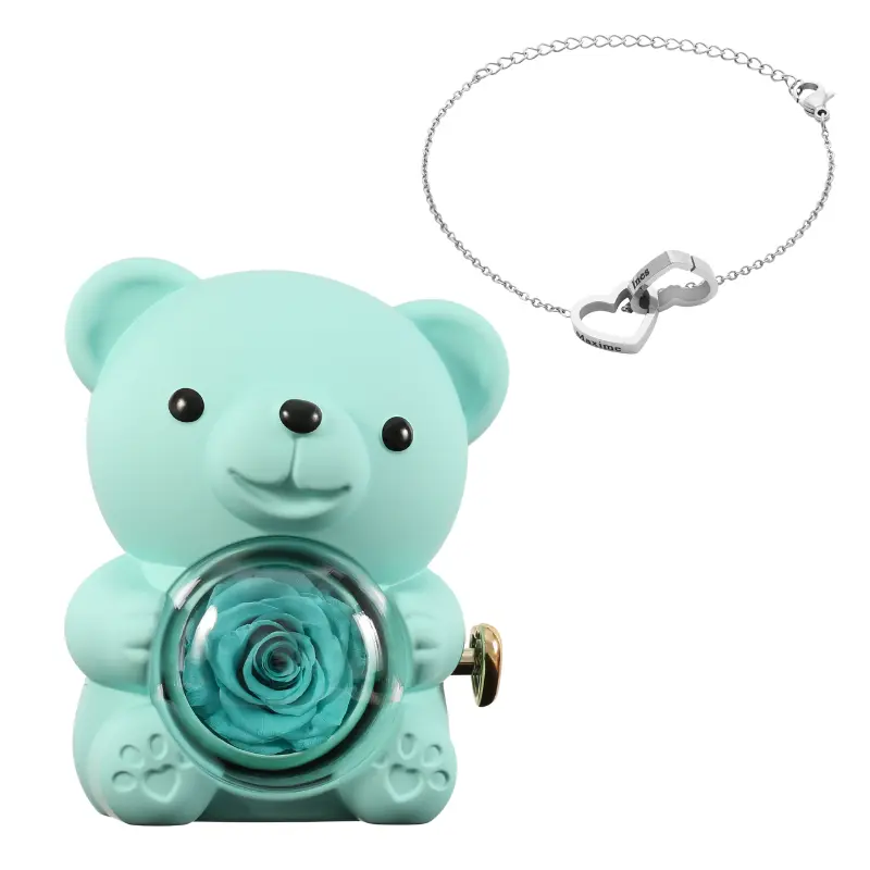Ours en Rose Éternelle avec Bracelet Gravé – Coffret Décoratif